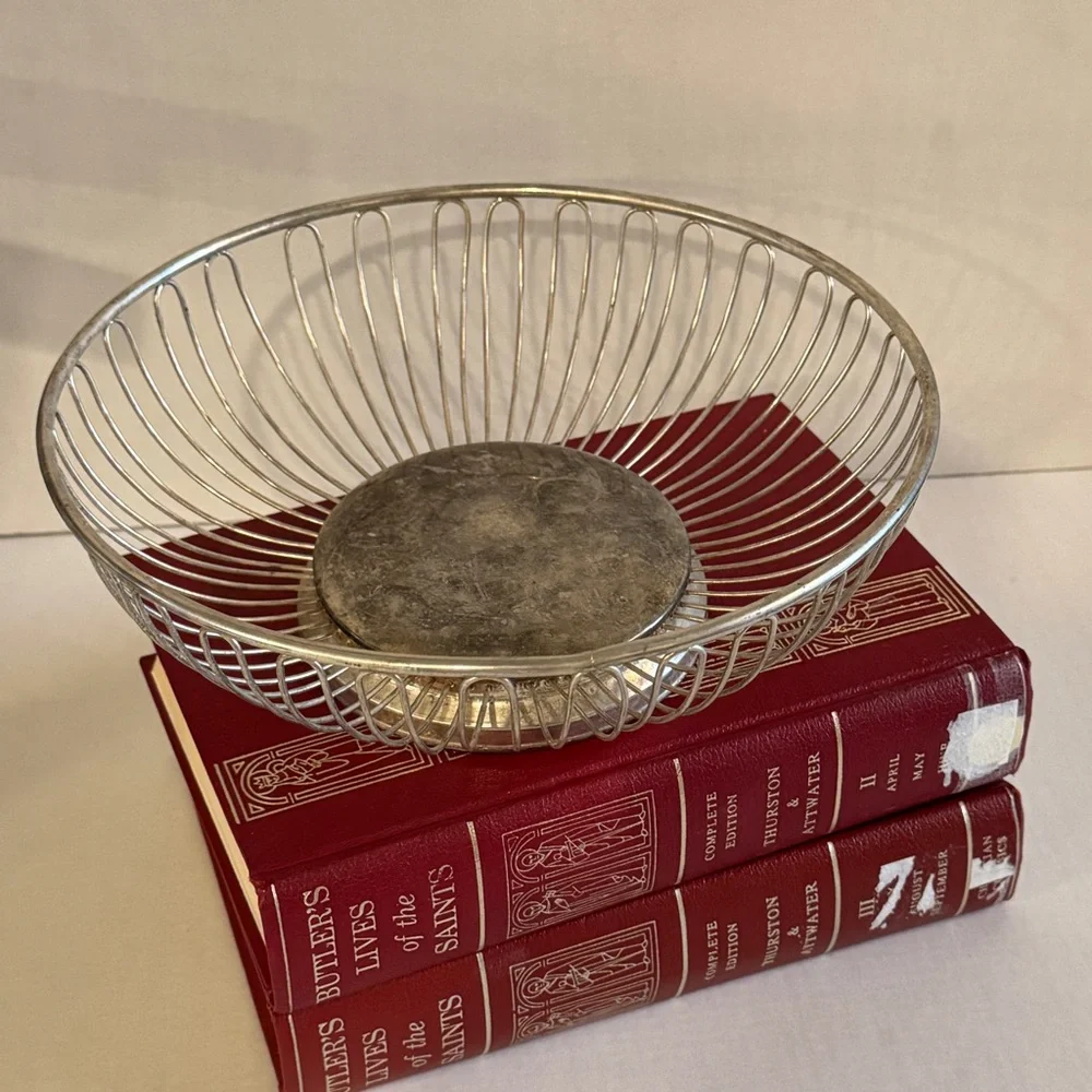 Vintage Silver Plated on Steel Wire Fruit Basket Mid-century Modern Cottagecore